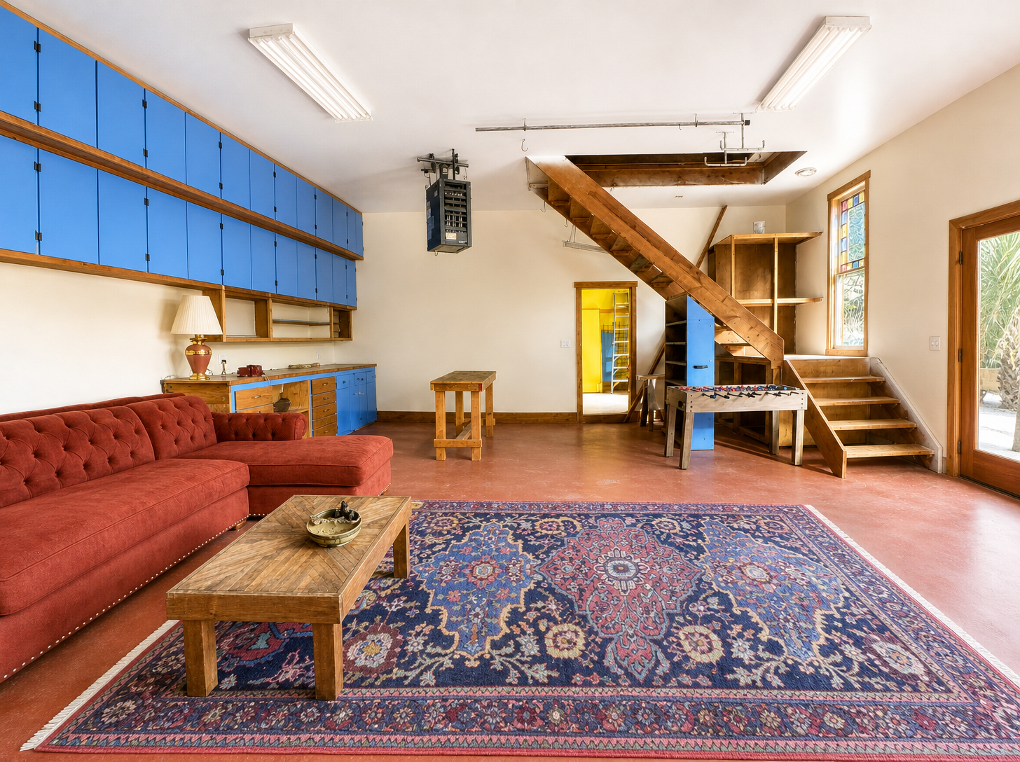 Living room with red sofa, blue cabinetry, and staircase